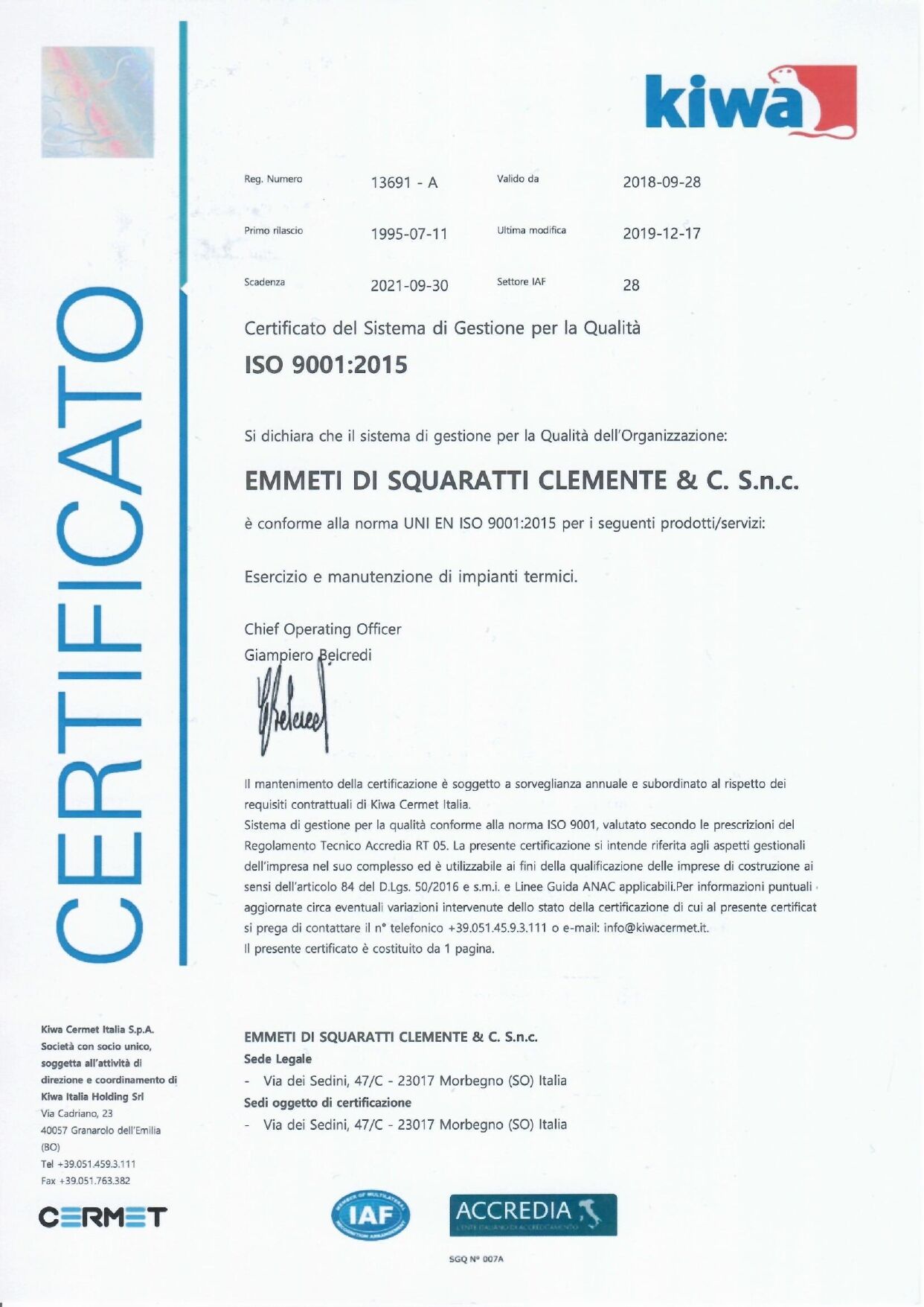 certificato iso 9001 2015
