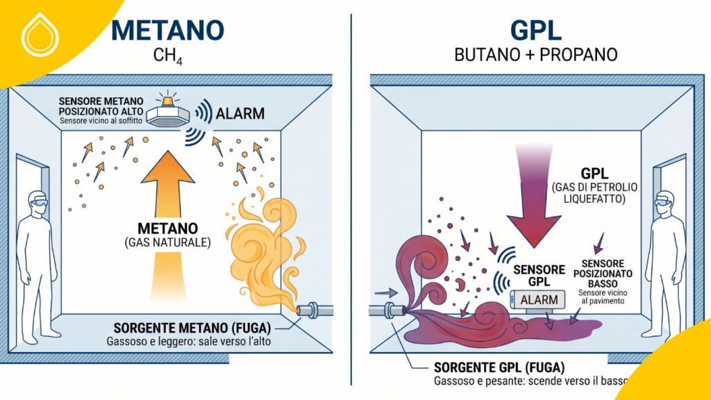 schema installazione rilevatore gas metano e GPL distanze obbligatorie affitti brevi