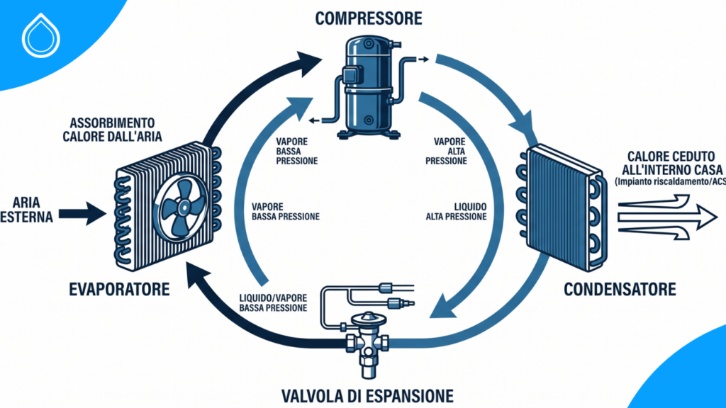 Schema ciclo frigorifero pompa di calore: evaporatore, compressore, condensatore, valvola di espansione